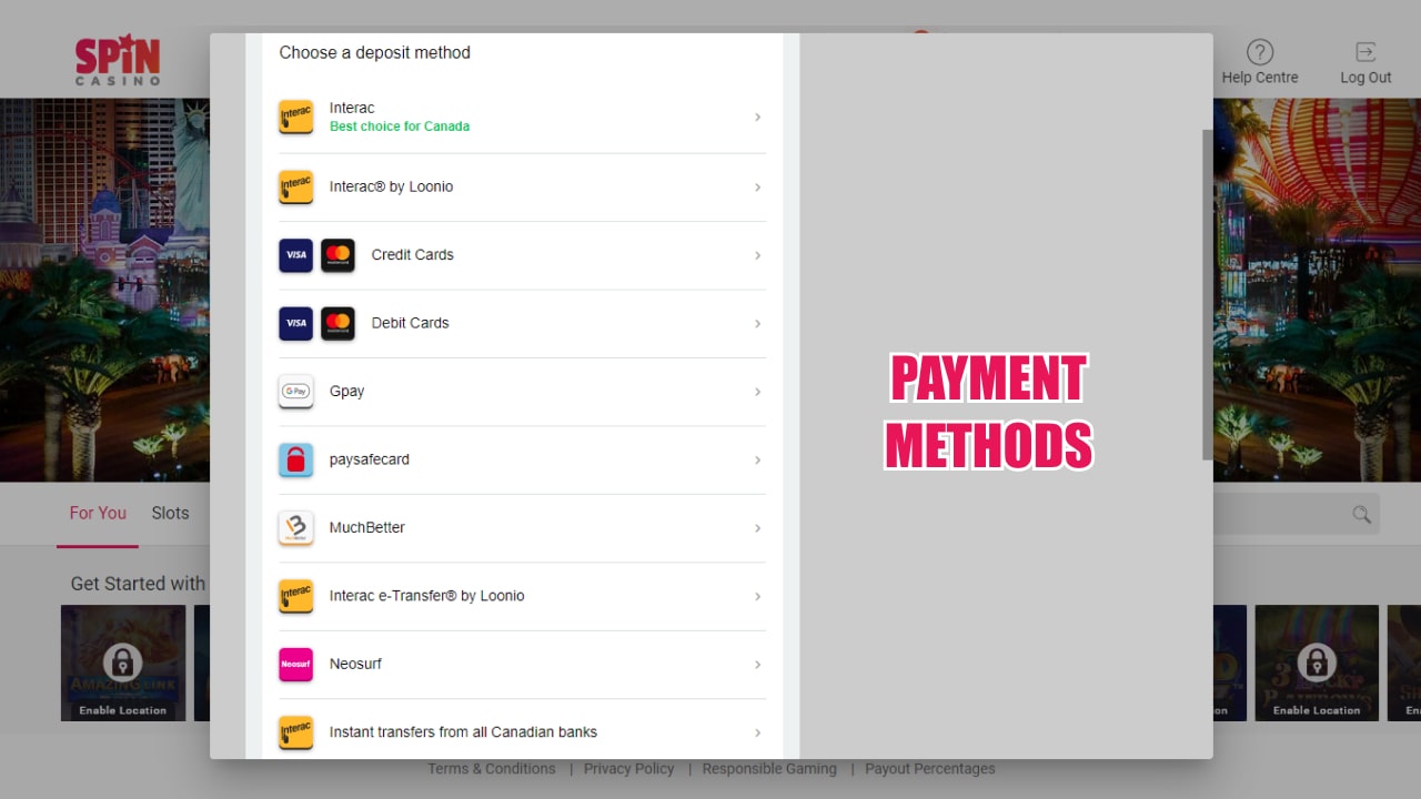 Spin casino payment methods